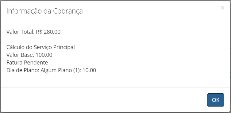 Exemplo de descrição de atendimento com um cliente que posui plano, mas está com uma Fatura Atrasada, logo, desconsidera o plano e cobra avulso